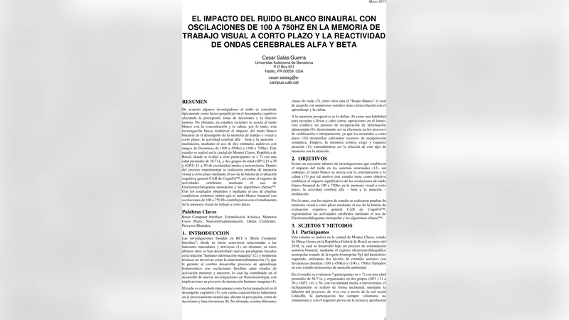 The impact of binaural white noise with oscillations of 100 to 750hz in   the short-term visual working memory and the reactivity of alpha and beta   cerebral waves