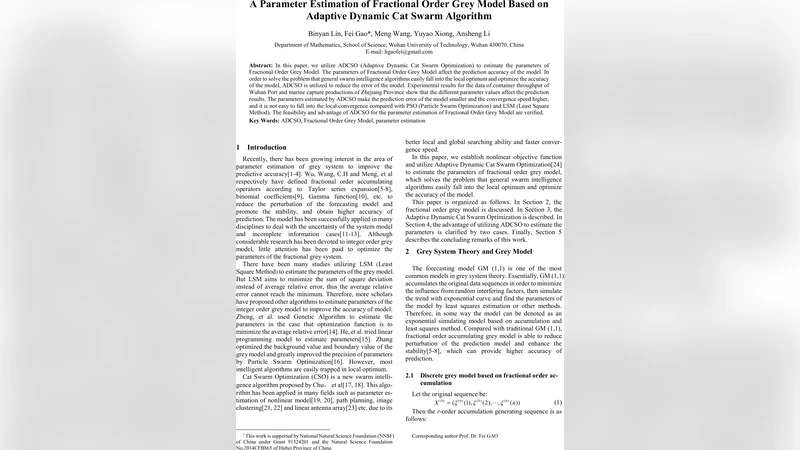 A Parameter Estimation of Fractional Order Grey Model Based on Adaptive   Dynamic Cat Swarm Algorithm