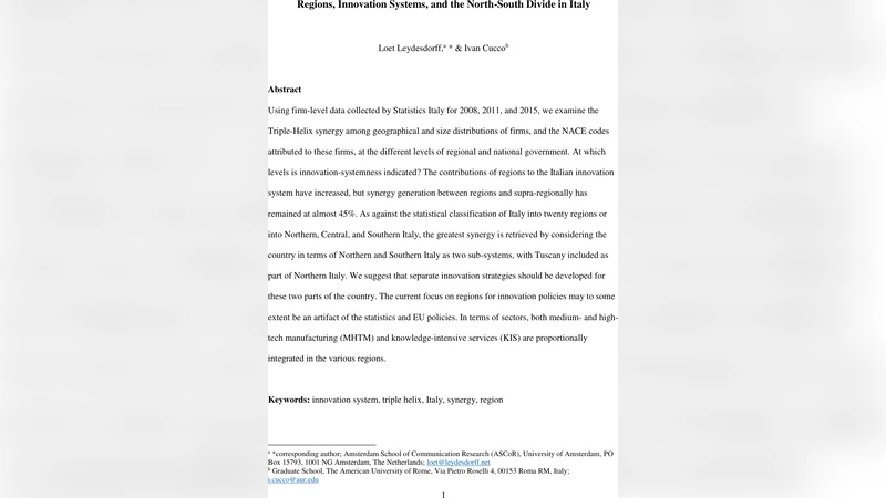Regions, Innovation Systems, and the North-South Divide in Italy