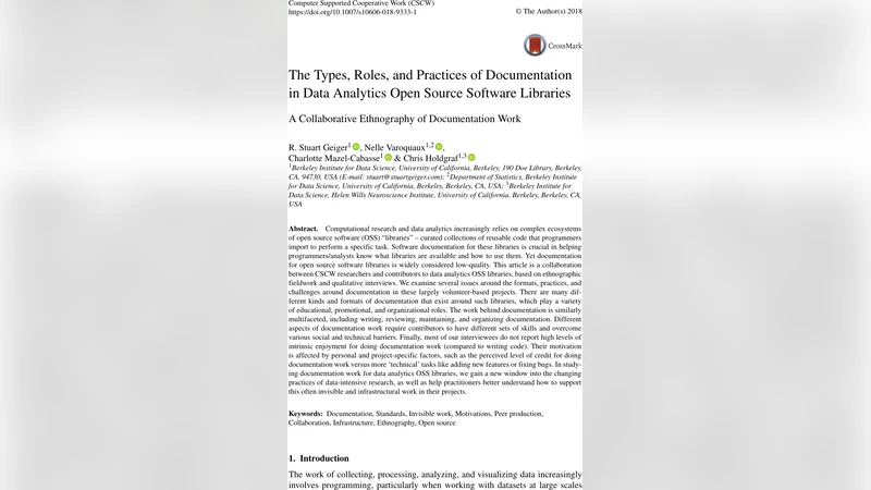 The Types, Roles, and Practices of Documentation in Data Analytics Open   Source Software Libraries: A Collaborative Ethnography of Documentation Work