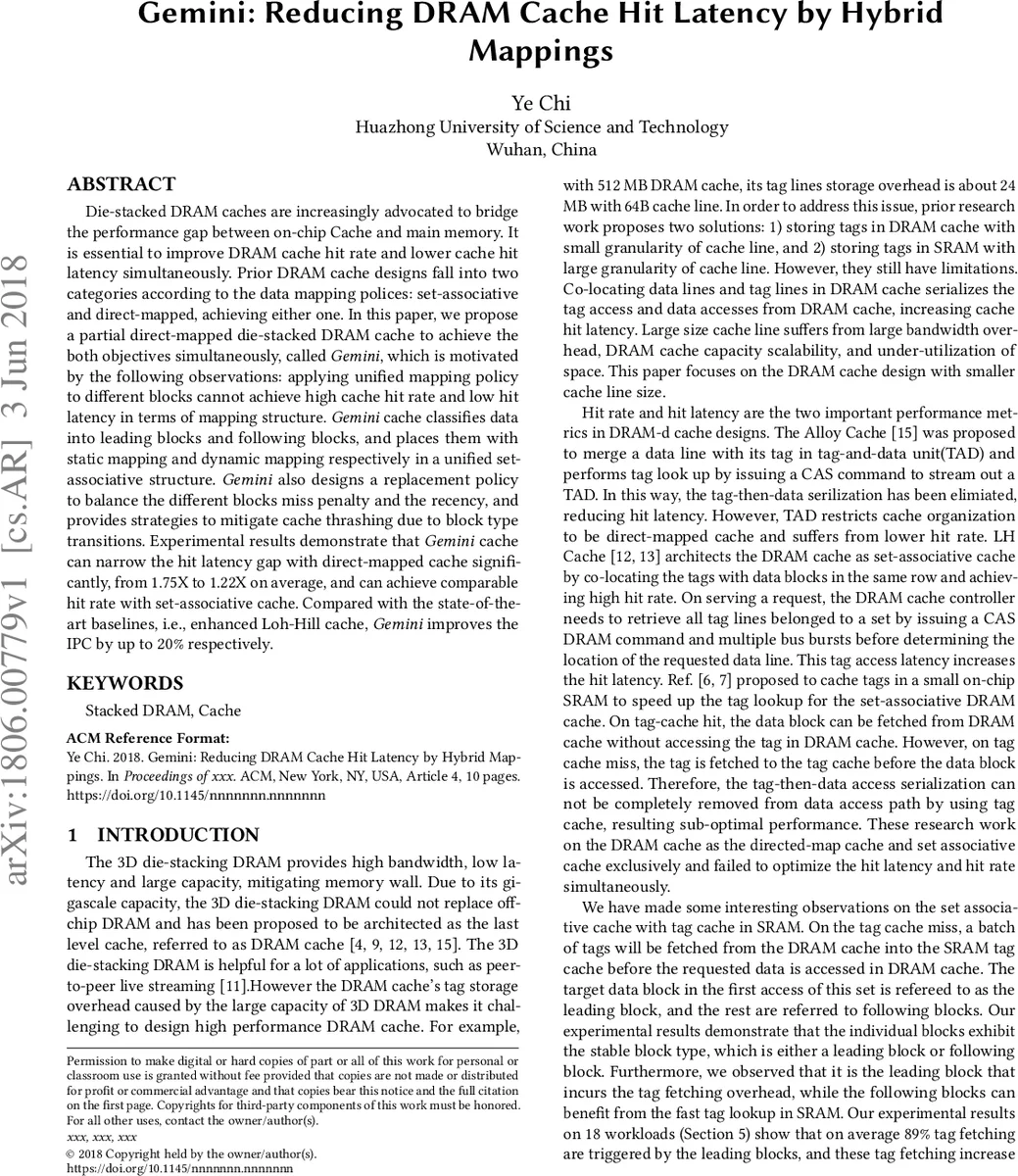 Gemini: Reducing DRAM Cache Hit Latency by Hybrid Mappings
