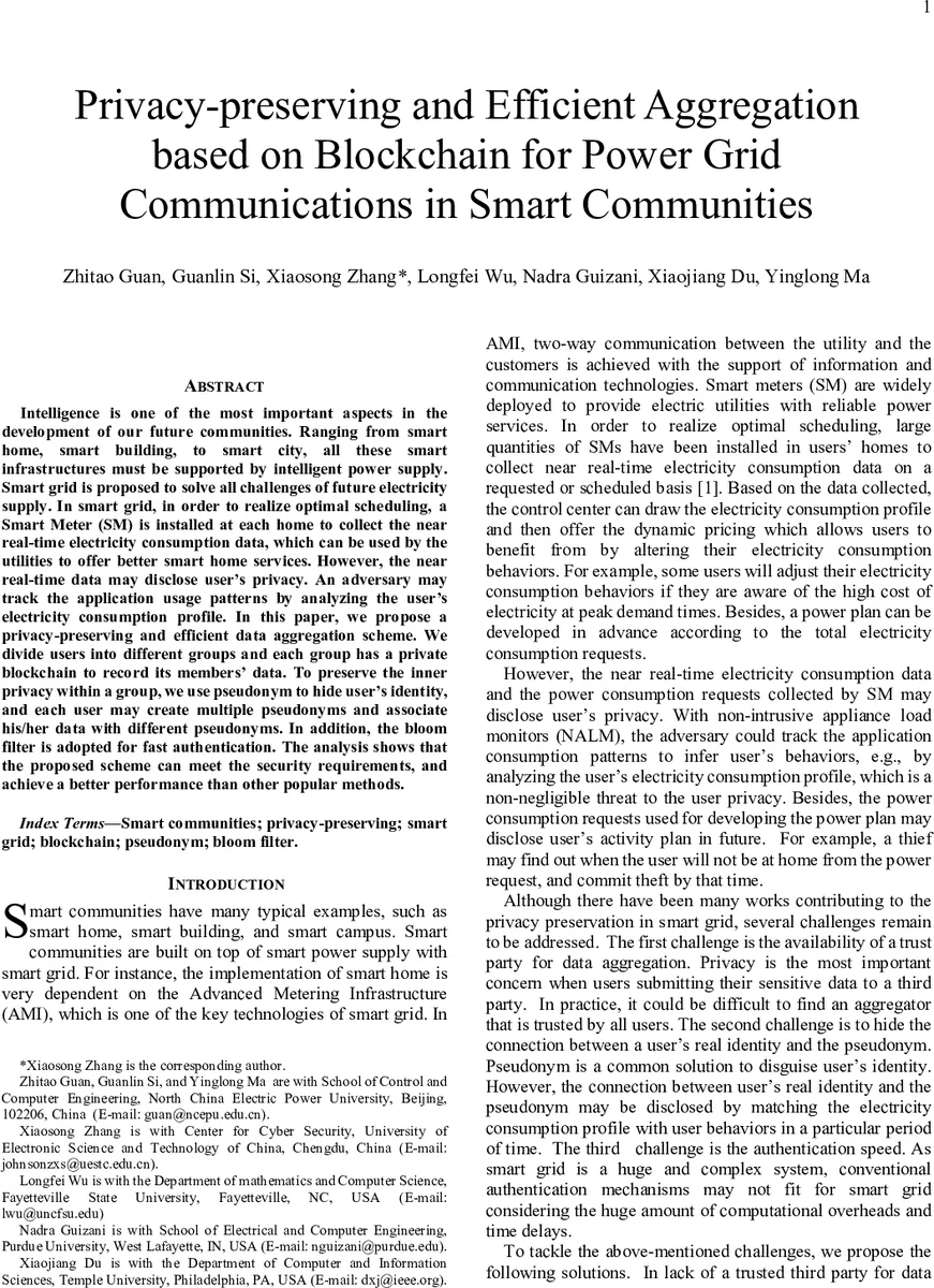 Privacy-preserving and Efficient Aggregation based on Blockchain for   Power Grid Communications in Smart Communities
