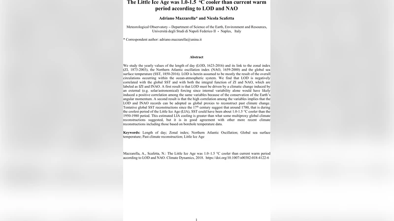 The Little Ice Age was 1.0-1.5 {deg}C cooler than current warm period   according to LOD and NAO