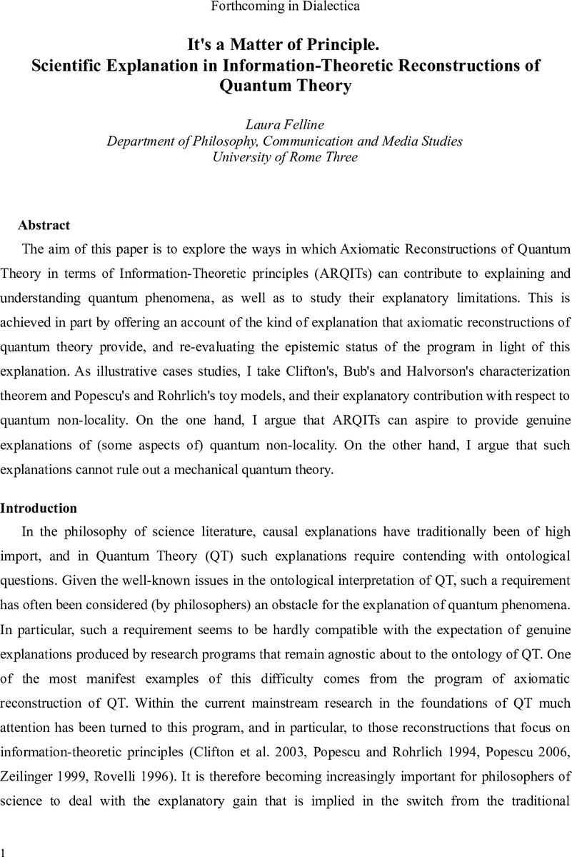 Its a Matter of Principle. Scientific Explanation in   Information-Theoretic Reconstructions of Quantum Theory