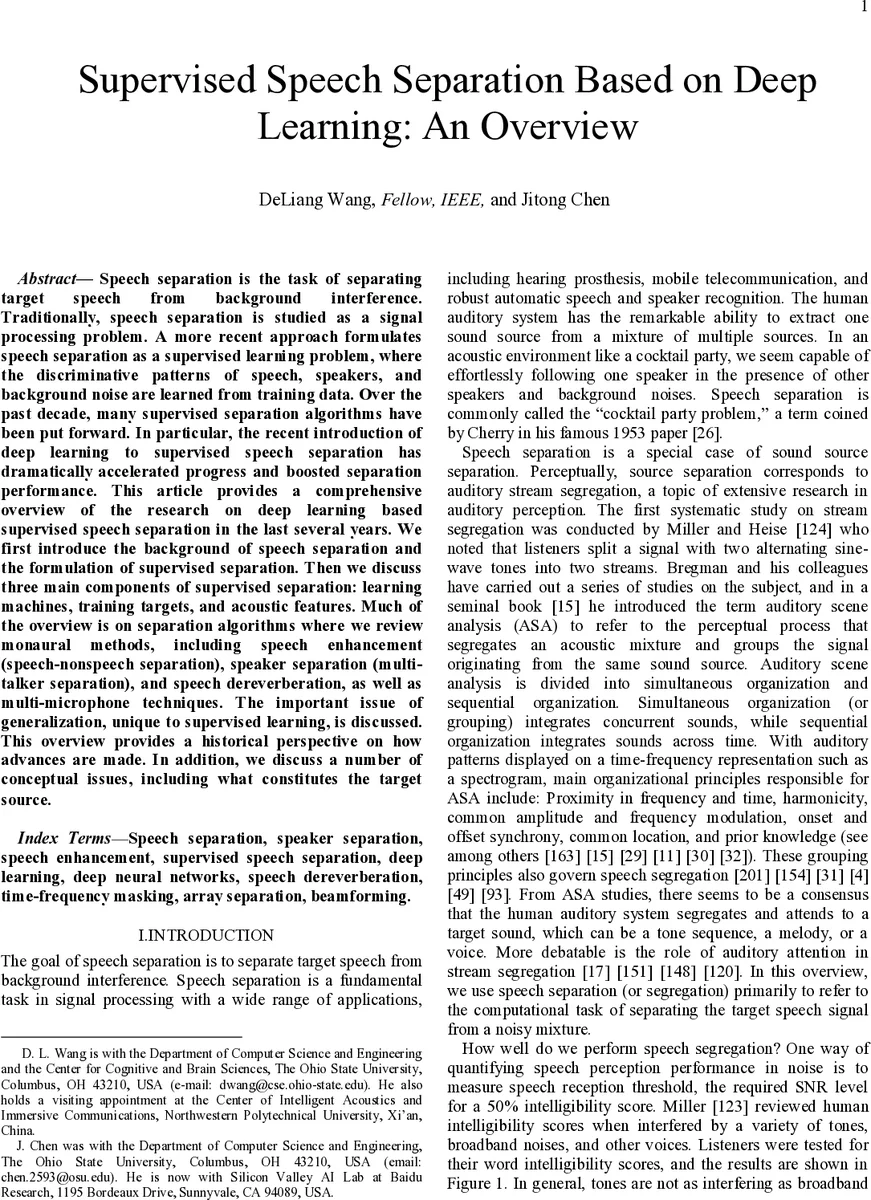 Supervised Speech Separation Based on Deep Learning: An Overview