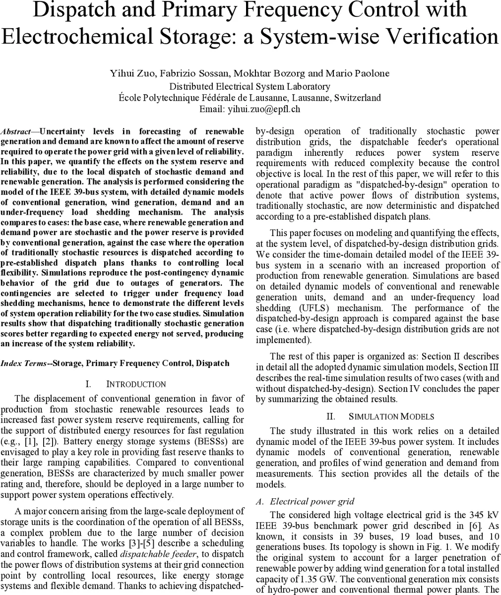 Dispatch and Primary Frequency Control with Electrochemical Storage: a   System-wise Verification