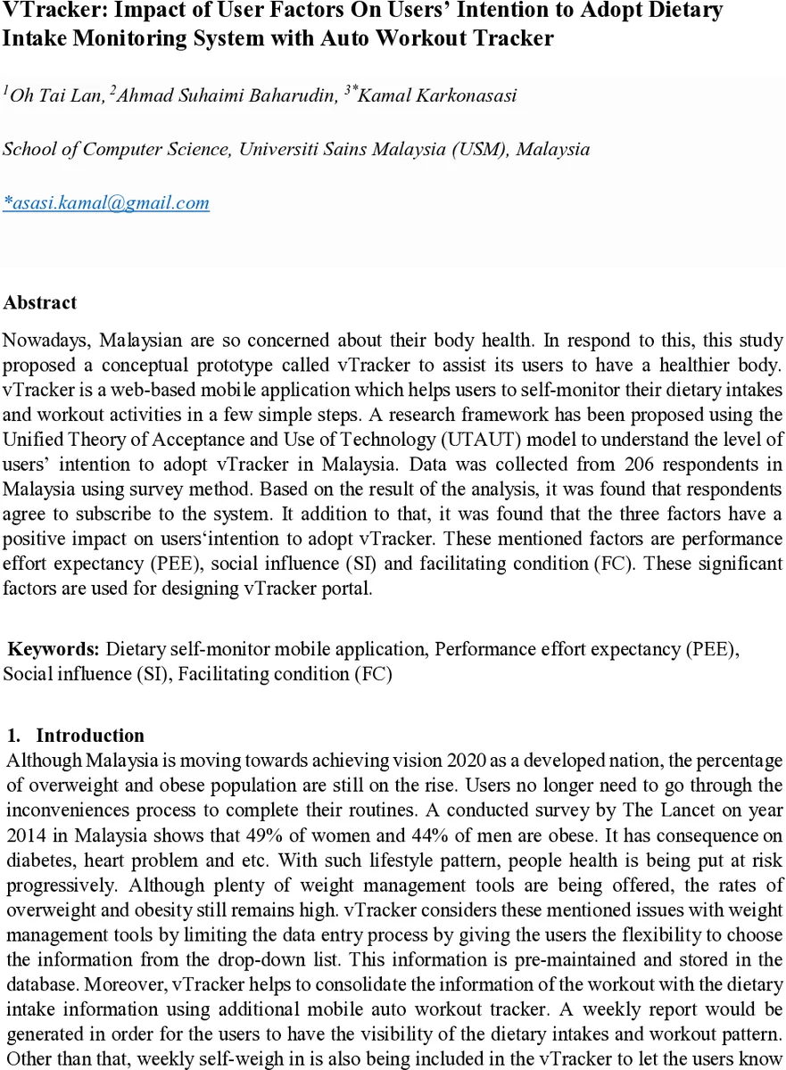 VTracker: Impact of User Factors On Users Intention to Adopt Dietary   Intake Monitoring System with Auto Workout Tracker