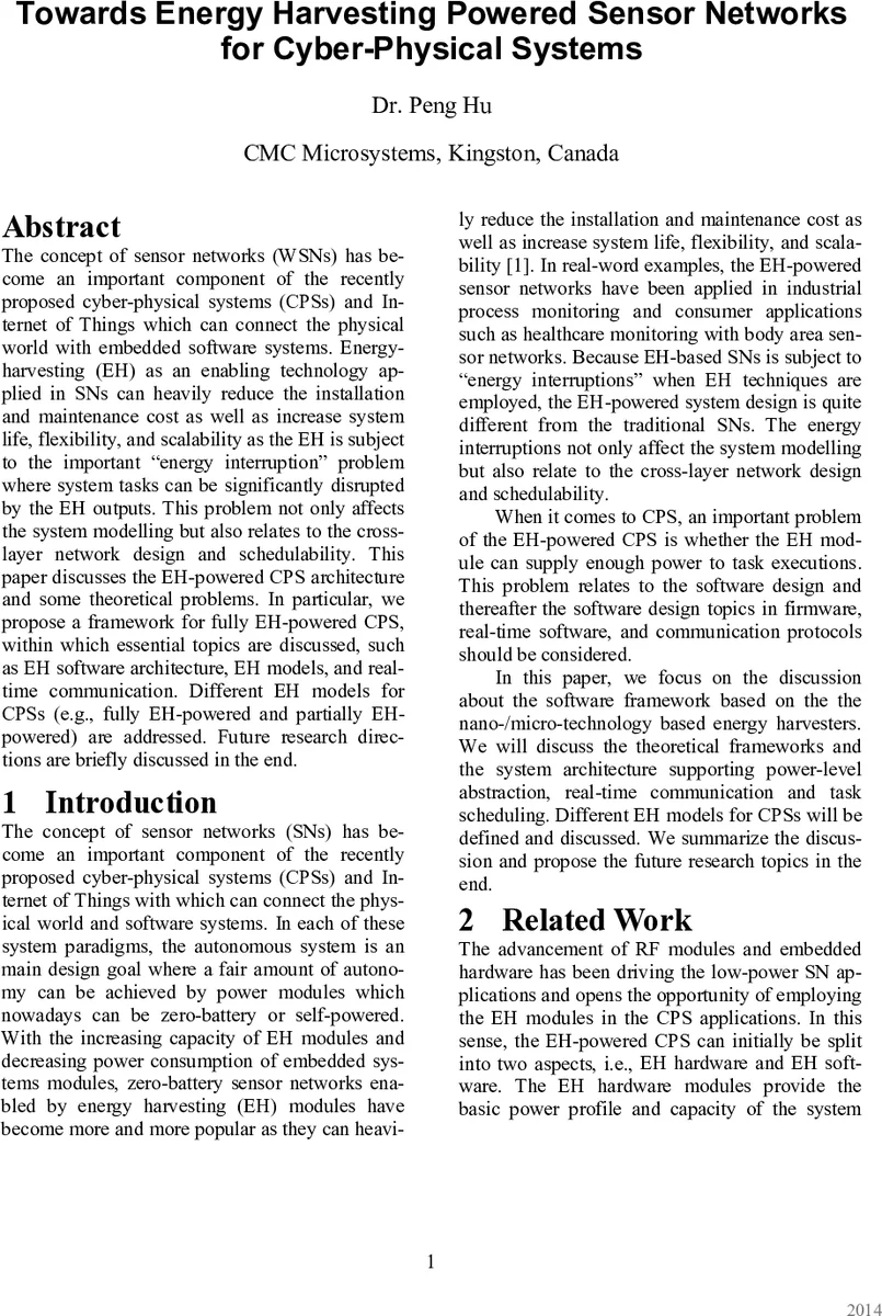 Towards Energy Harvesting Powered Sensor Networks for Cyber-Physical   Systems