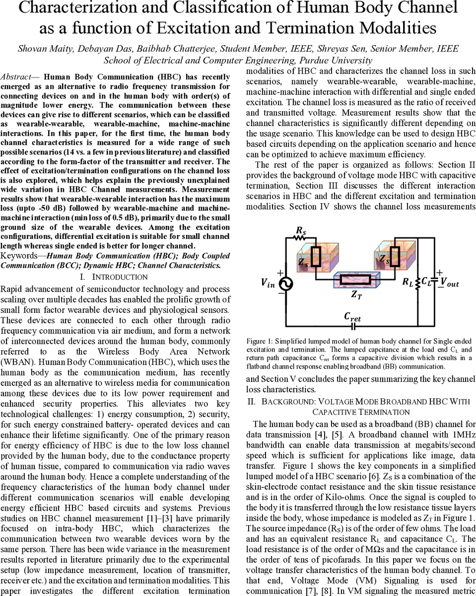 Characterization and Classification of Human Body Channel as a function   of Excitation and Termination Modalities