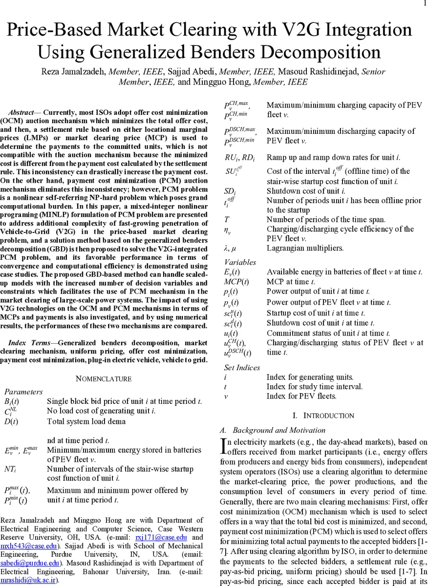Price-Based Market Clearing with V2G Integration Using Generalized   Benders Decomposition