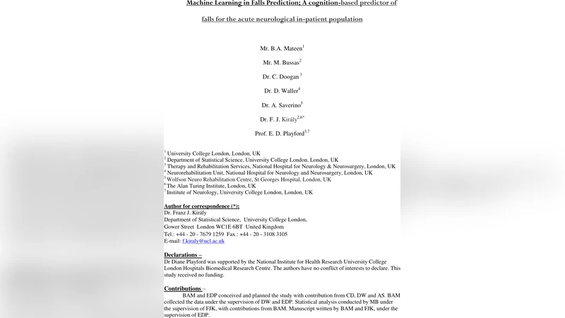 Machine Learning in Falls Prediction; A cognition-based predictor of   falls for the acute neurological in-patient population