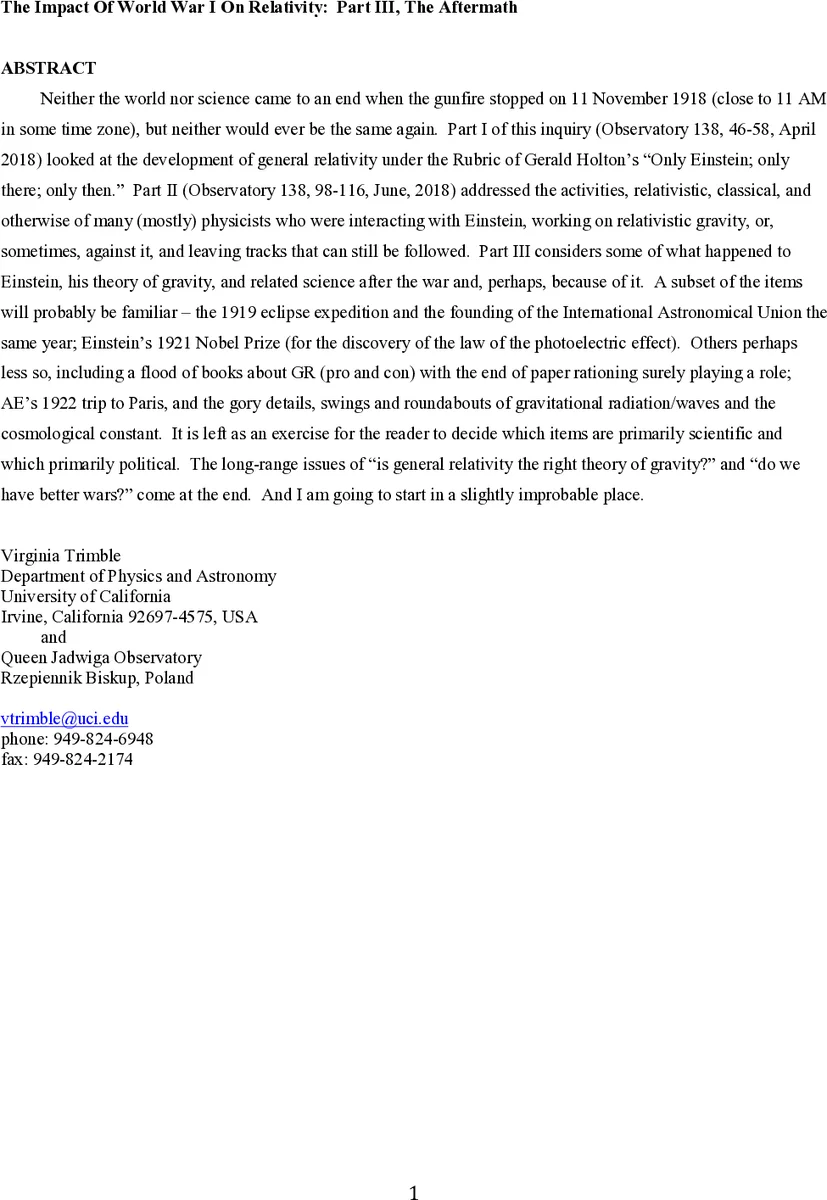 The Impact Of World War I On Relativity: Part III, The Aftermath