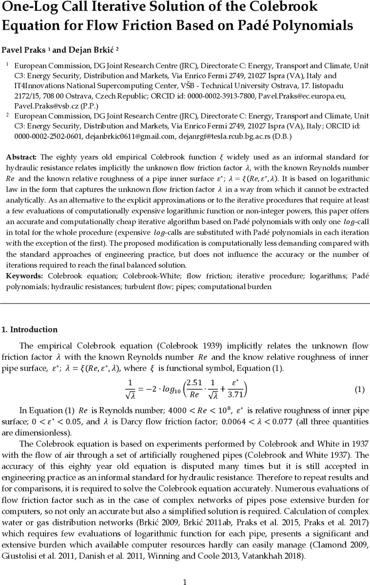 One-Log Call Iterative Solution of the Colebrook Equation for Flow   Friction Based on Pade Polynomials