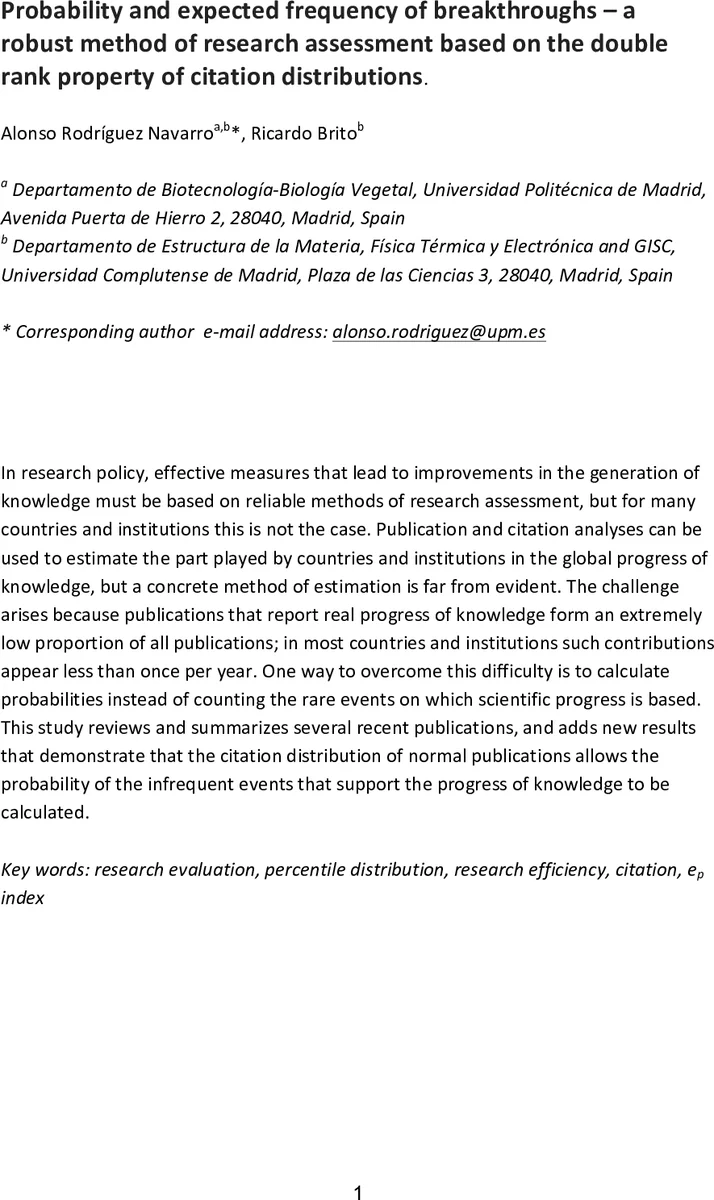 Probability and expected frequency of breakthroughs - a robust method of   research assessment based on the double rank property of citation   distributions