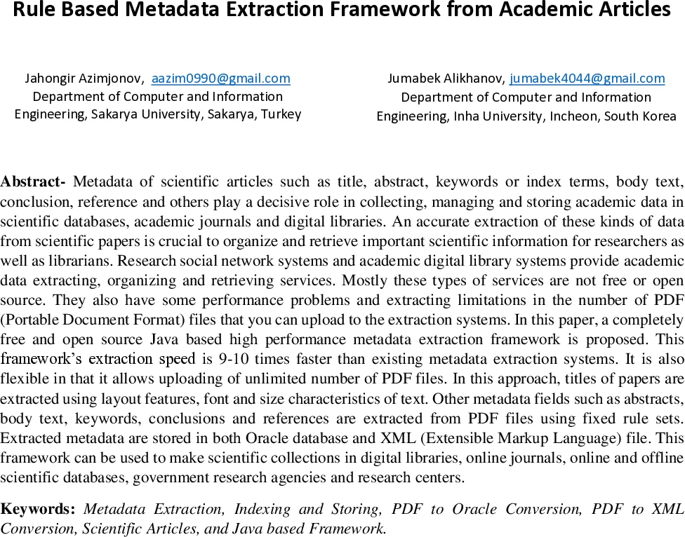 Rule Based Metadata Extraction Framework from Academic Articles