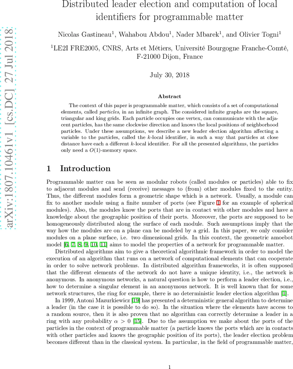 Distributed leader election and computation of local identifiers for   programmable matter