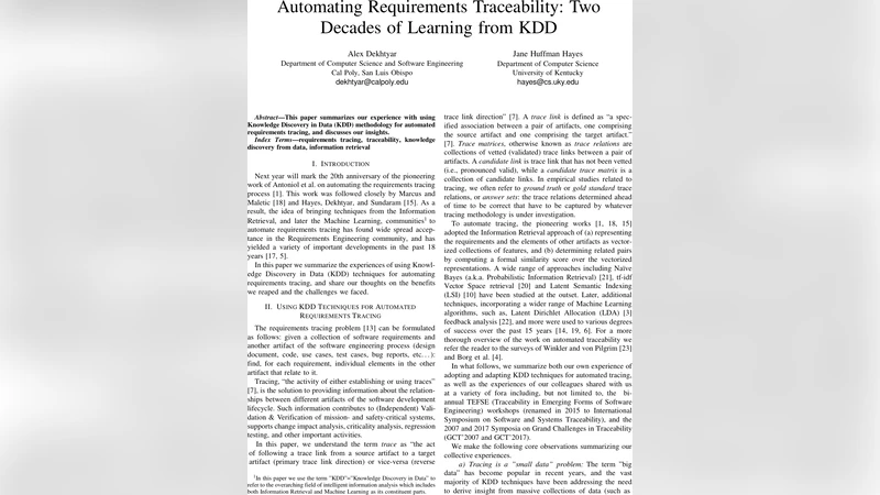 Automating Requirements Traceability: Two Decades of Learning from KDD