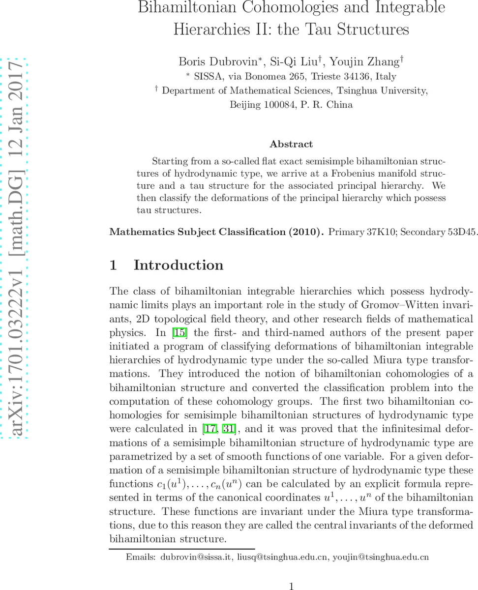 Bihamiltonian Cohomologies and Integrable Hierarchies II: the Tau   Structures