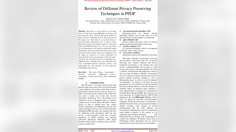 Review of Different Privacy Preserving Techniques in PPDP