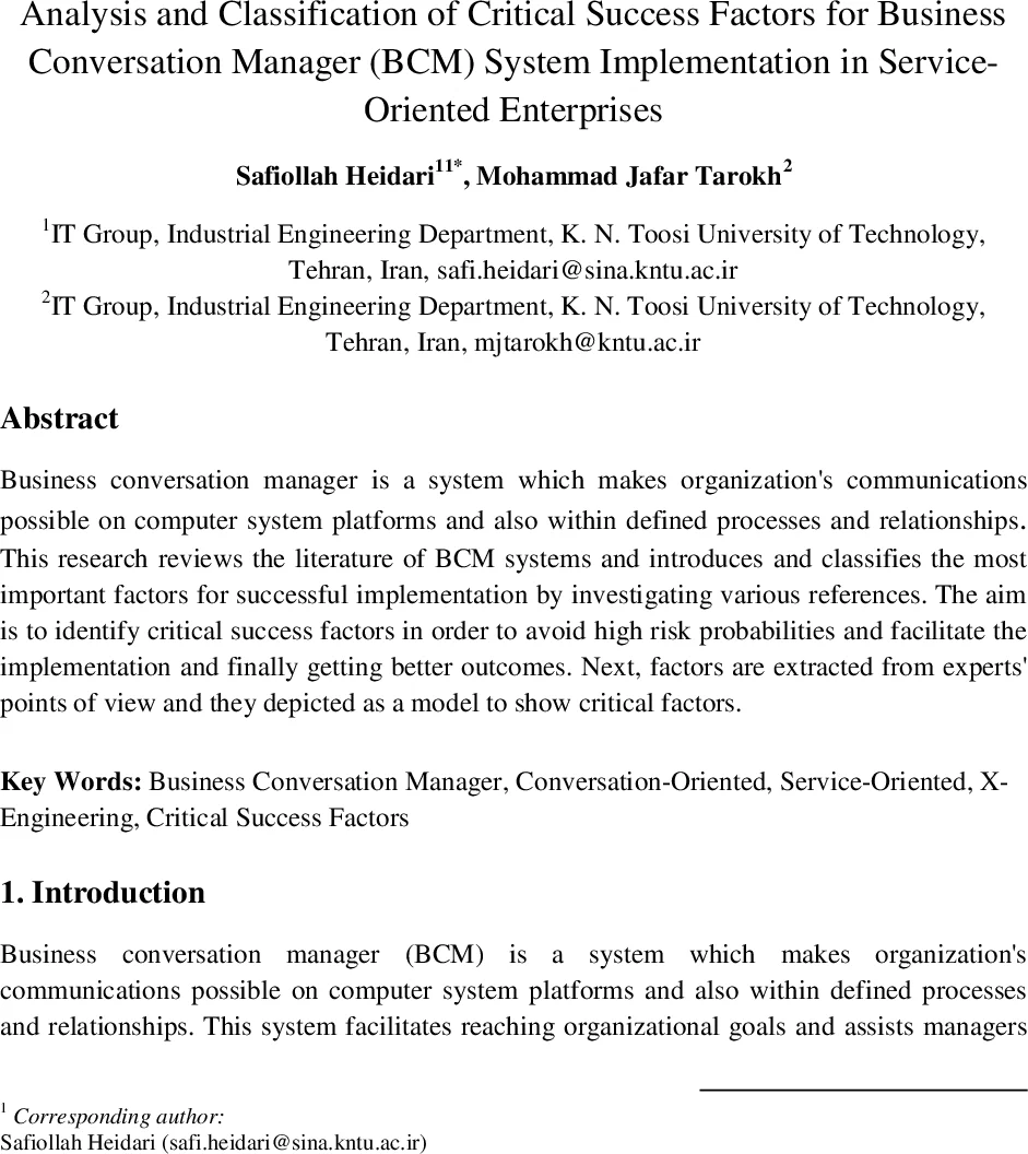 Analysis and Classification of Critical Success Factors for Business   Conversation Manager (BCM) System Implementation in Service-Oriented   Enterprises