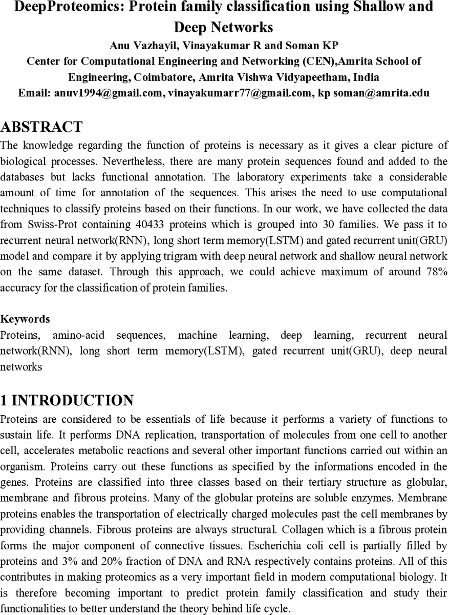 DeepProteomics: Protein family classification using Shallow and Deep   Networks