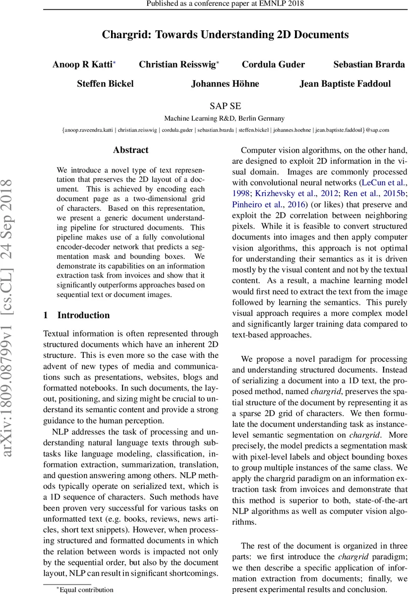 Chargrid: Towards Understanding 2D Documents