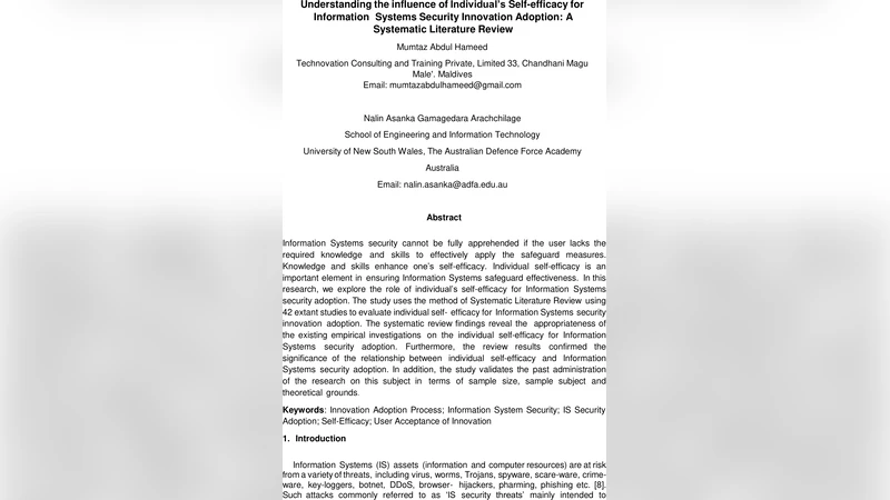 Understanding the influence of Individuals Self-efficacy for   Information Systems Security Innovation Adoption: A Systematic Literature   Review