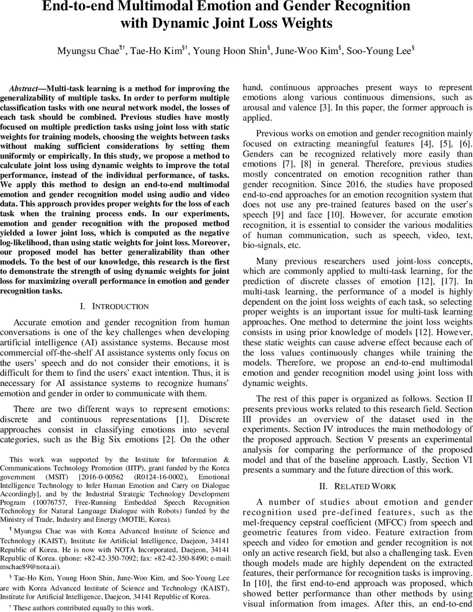 End-to-end Multimodal Emotion and Gender Recognition with Dynamic Joint   Loss Weights