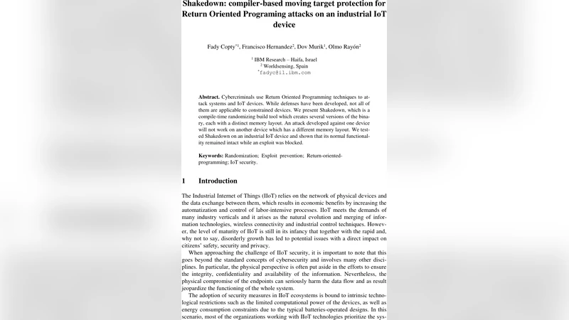 Shakedown: compiler-based moving target protection for Return Oriented   Programing attacks on an industrial IoT device