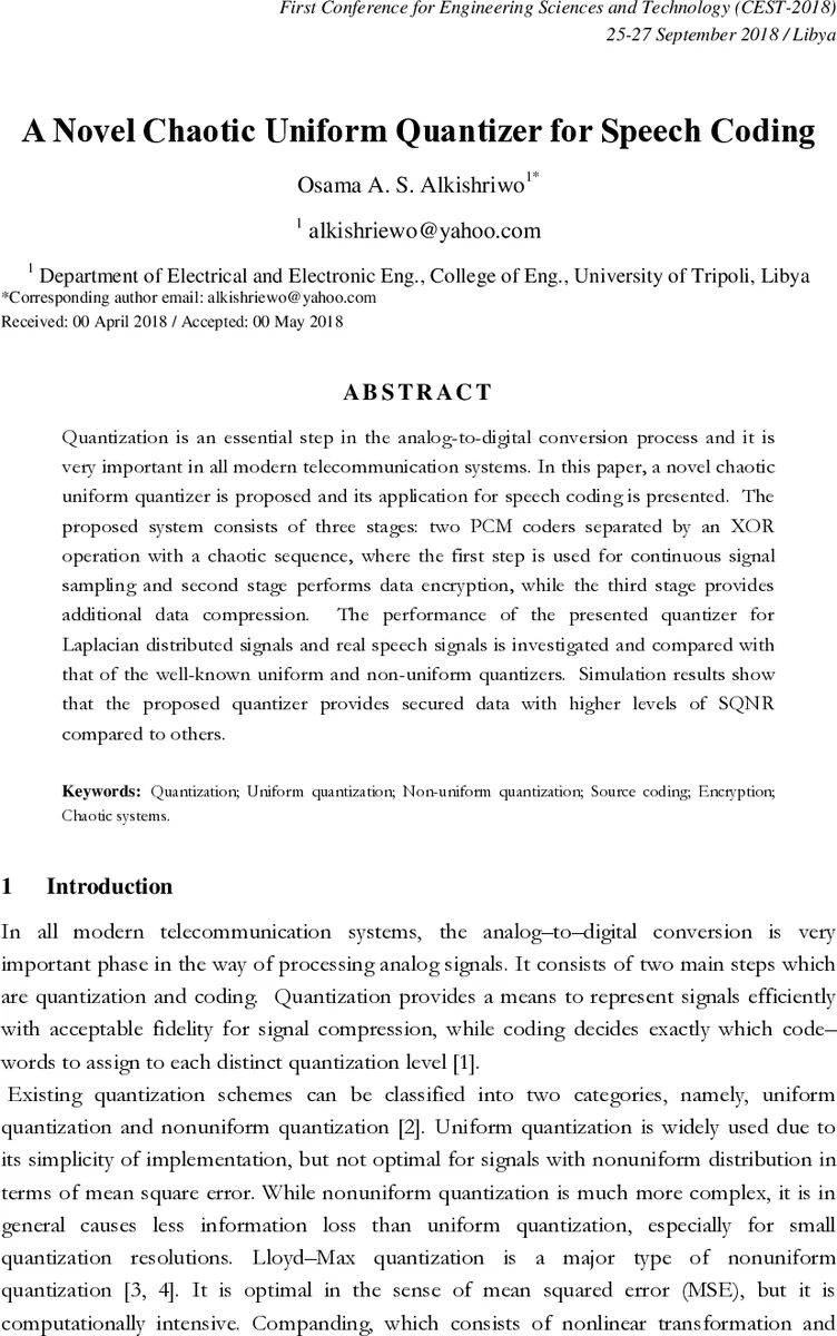 A Novel Chaotic Uniform Quantizer for Speech Coding