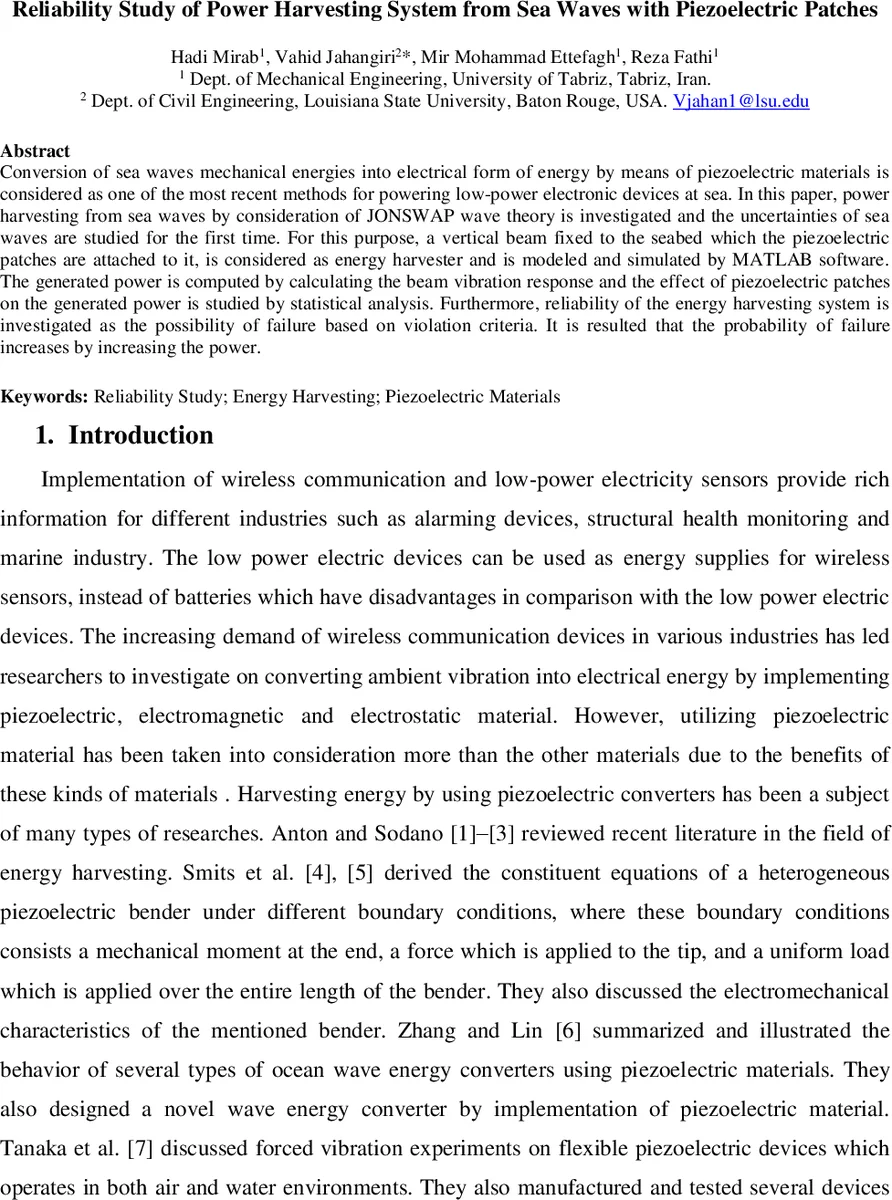 Reliability Study of Power Harvesting System from Sea Waves with   Piezoelectric Patches