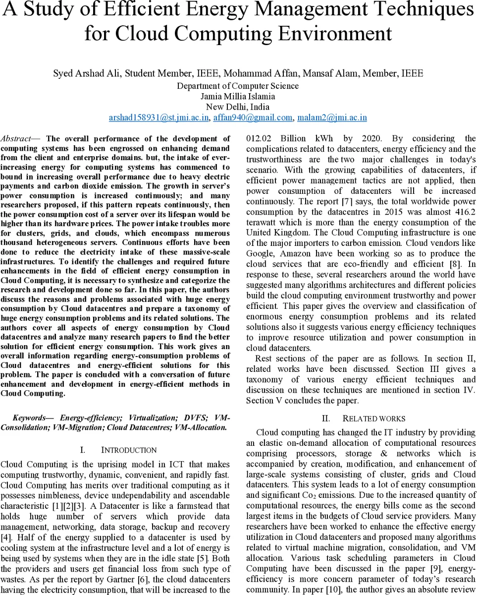 A Study of Efficient Energy Management Techniques for Cloud Computing   Environment