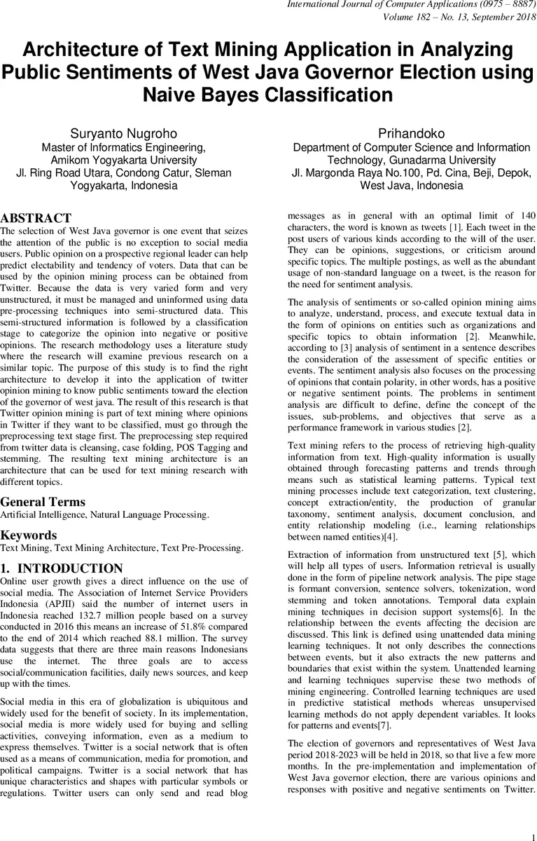 Architecture of Text Mining Application in Analyzing Public Sentiments   of West Java Governor Election using Naive Bayes Classification