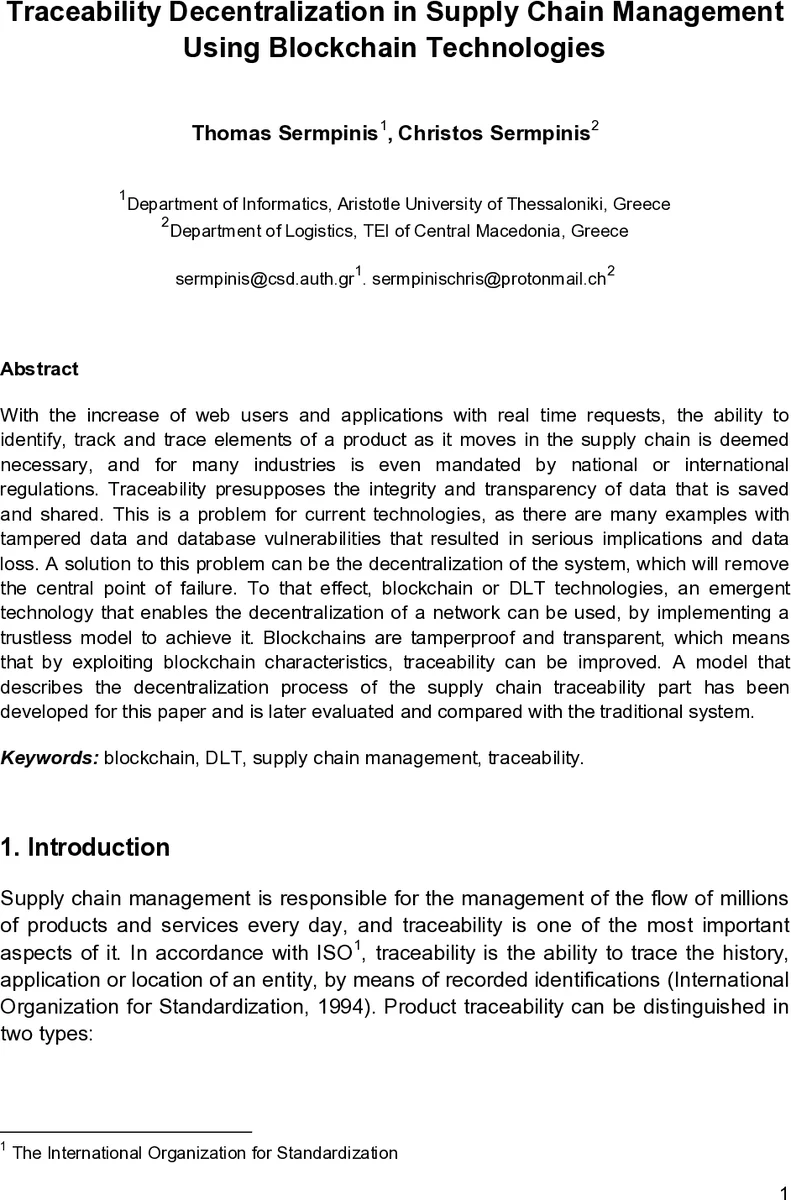 Traceability Decentralization in Supply Chain Management Using   Blockchain Technologies