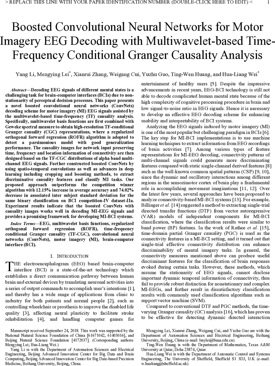 Boosted Convolutional Neural Networks for Motor Imagery EEG Decoding   with Multiwavelet-based Time-Frequency Conditional Granger Causality Analysis