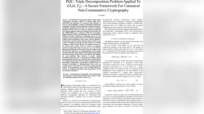 PQC: Triple Decomposition Problem Applied To GL(d, Fp) - A Secure   Framework For Canonical Non-Commutative Cryptography