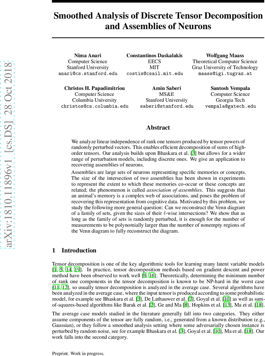 Smoothed Analysis of Discrete Tensor Decomposition and Assemblies of   Neurons