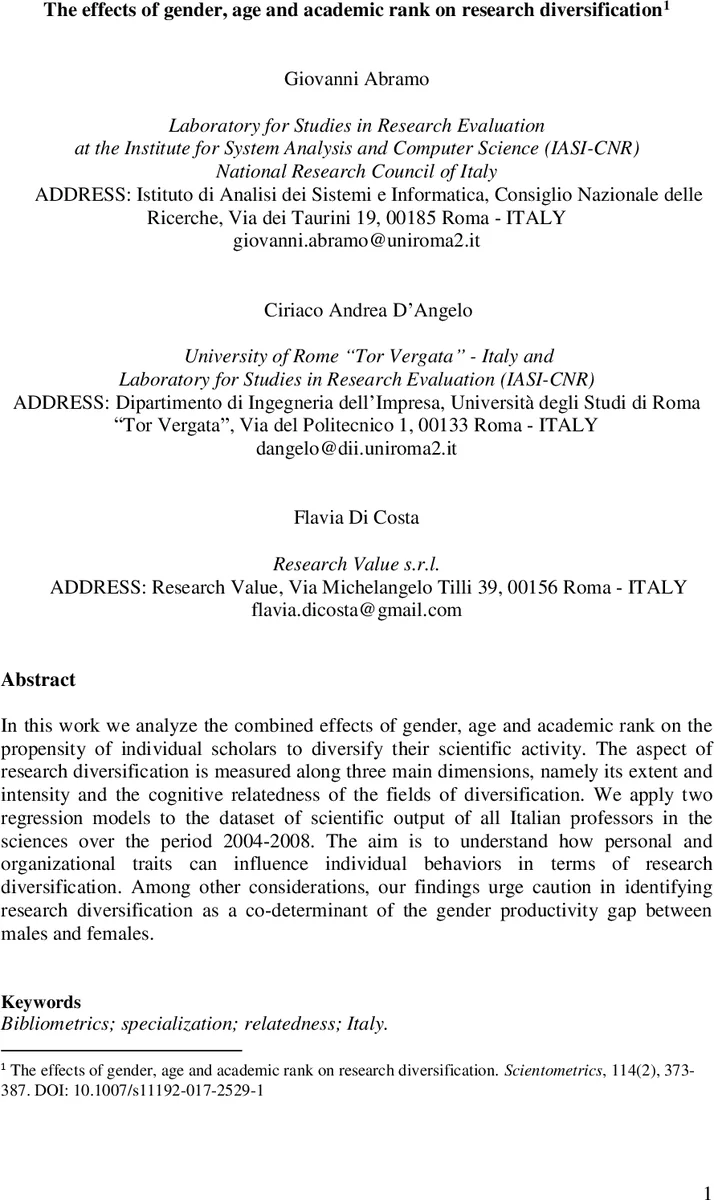 The effects of gender, age and academic rank on research diversification