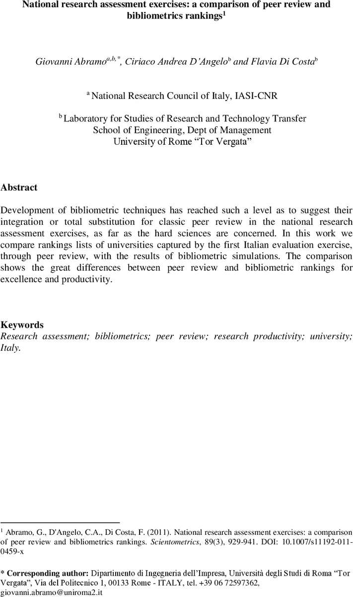 National research assessment exercises: a comparison of peer review and   bibliometrics rankings