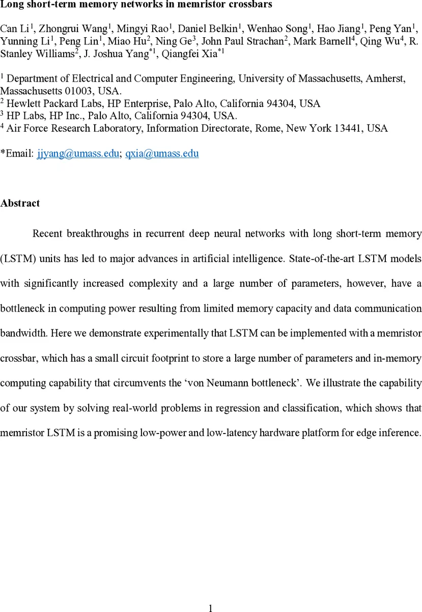 Long short-term memory networks in memristor crossbars