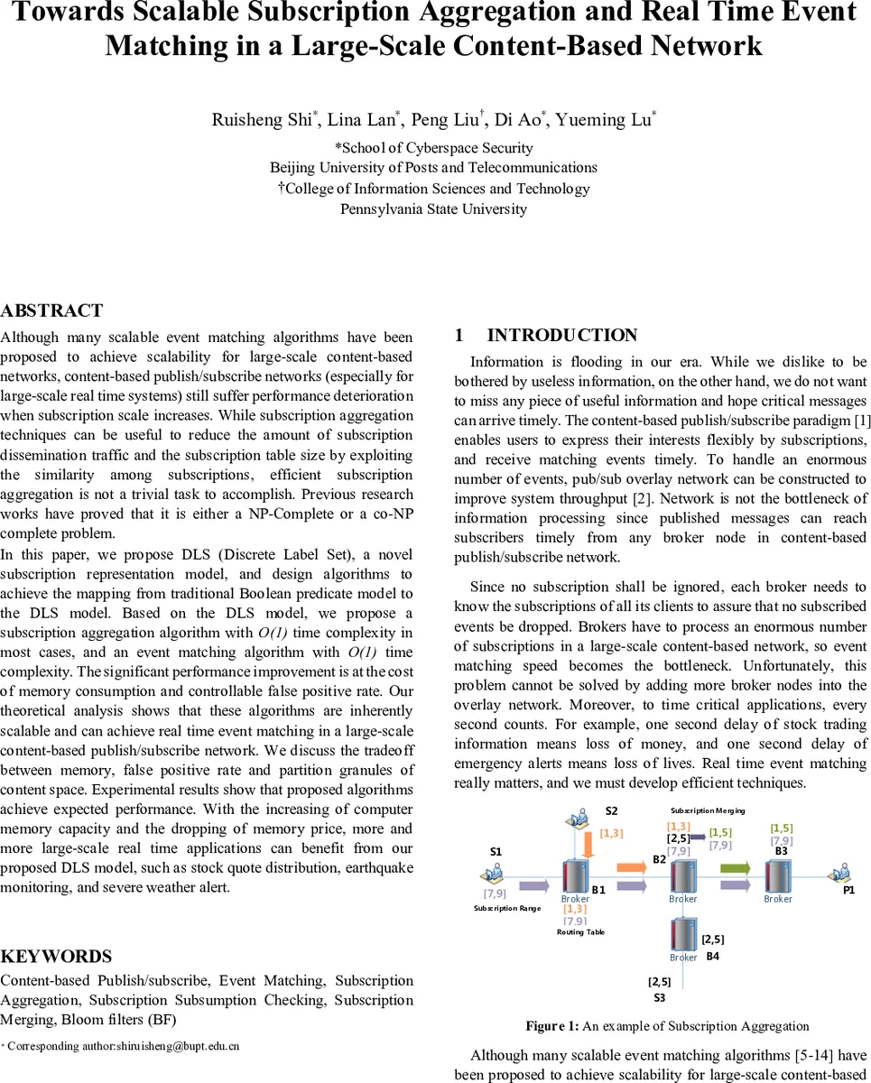 Towards Scalable Subscription Aggregation and Real Time Event Matching   in a Large-Scale Content-Based Network