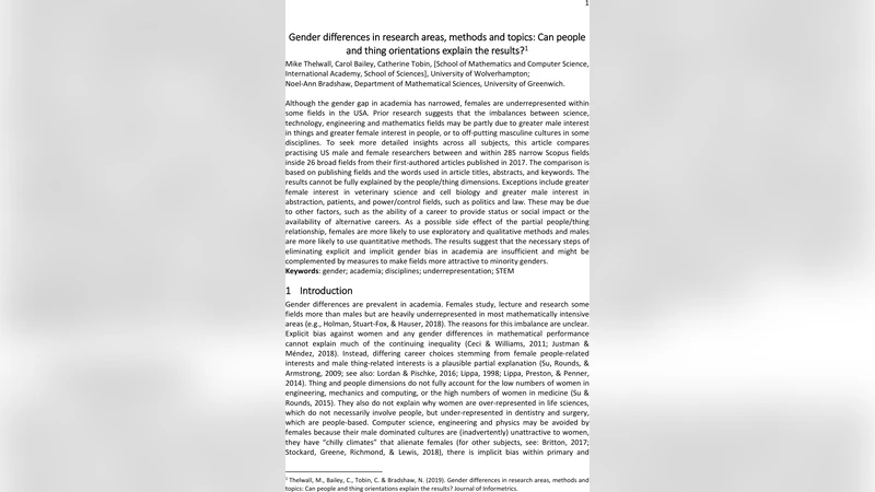 Gender differences in research areas and topics: An analysis of   publications in 285 fields