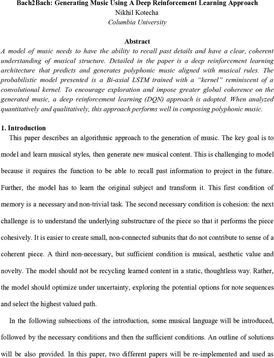 Bach2Bach: Generating Music Using A Deep Reinforcement Learning Approach