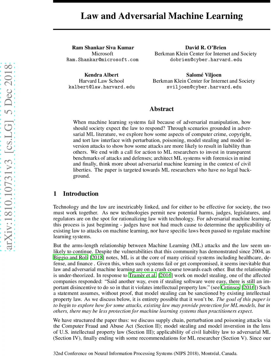 Law and Adversarial Machine Learning
