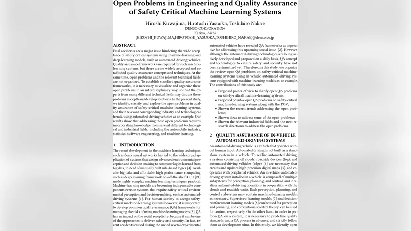 Open Problems in Engineering and Quality Assurance of Safety Critical   Machine Learning Systems