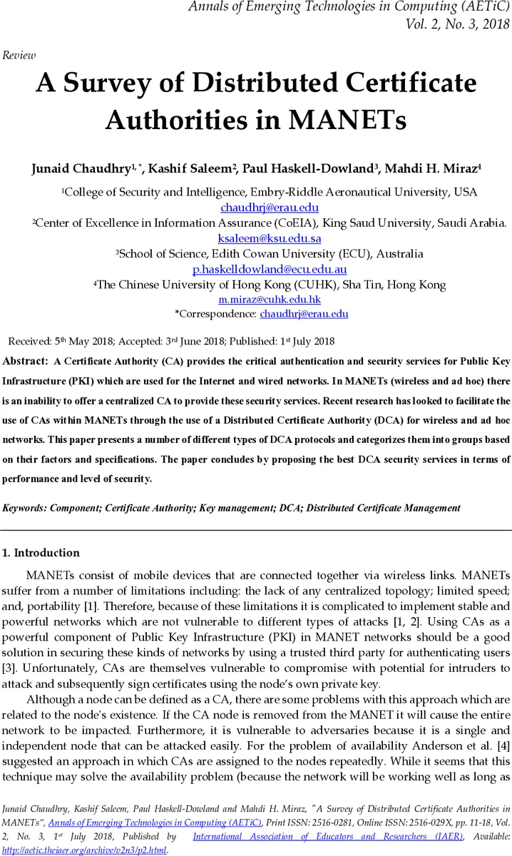 A Survey of Distributed Certificate Authorities in MANETs