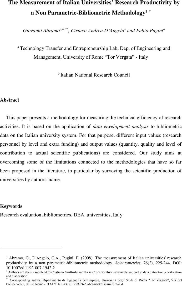 The measurement of italian universities research productivity by a non   parametric-bibliometric methodology