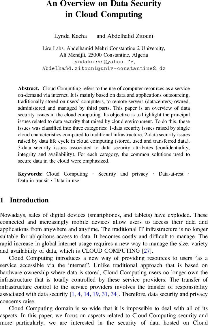 An Overview on Data Security in Cloud Computing