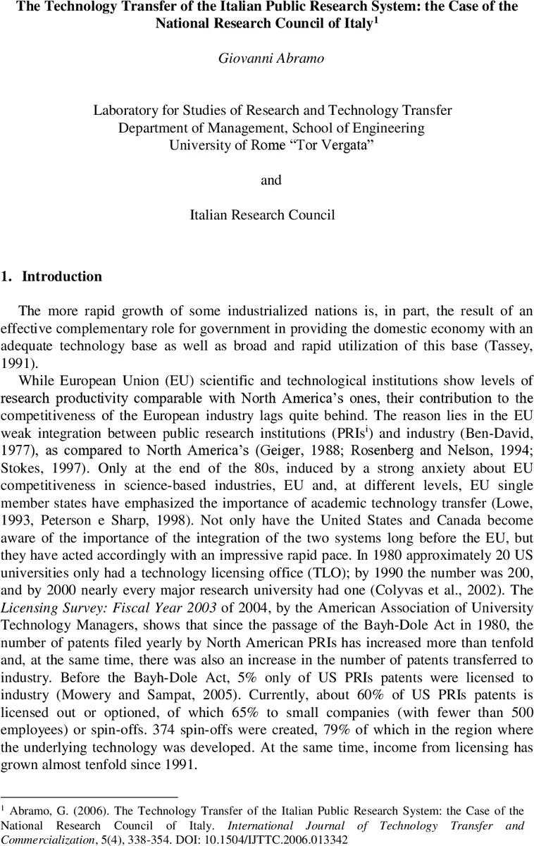 The Technology Transfer of the Italian Public Research System: the Case   of the National Research Council of Italy