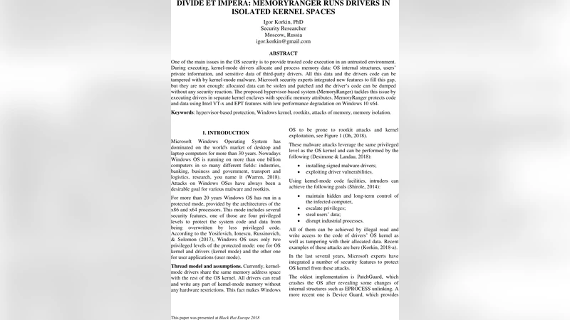 Divide et Impera: MemoryRanger Runs Drivers in Isolated Kernel Spaces